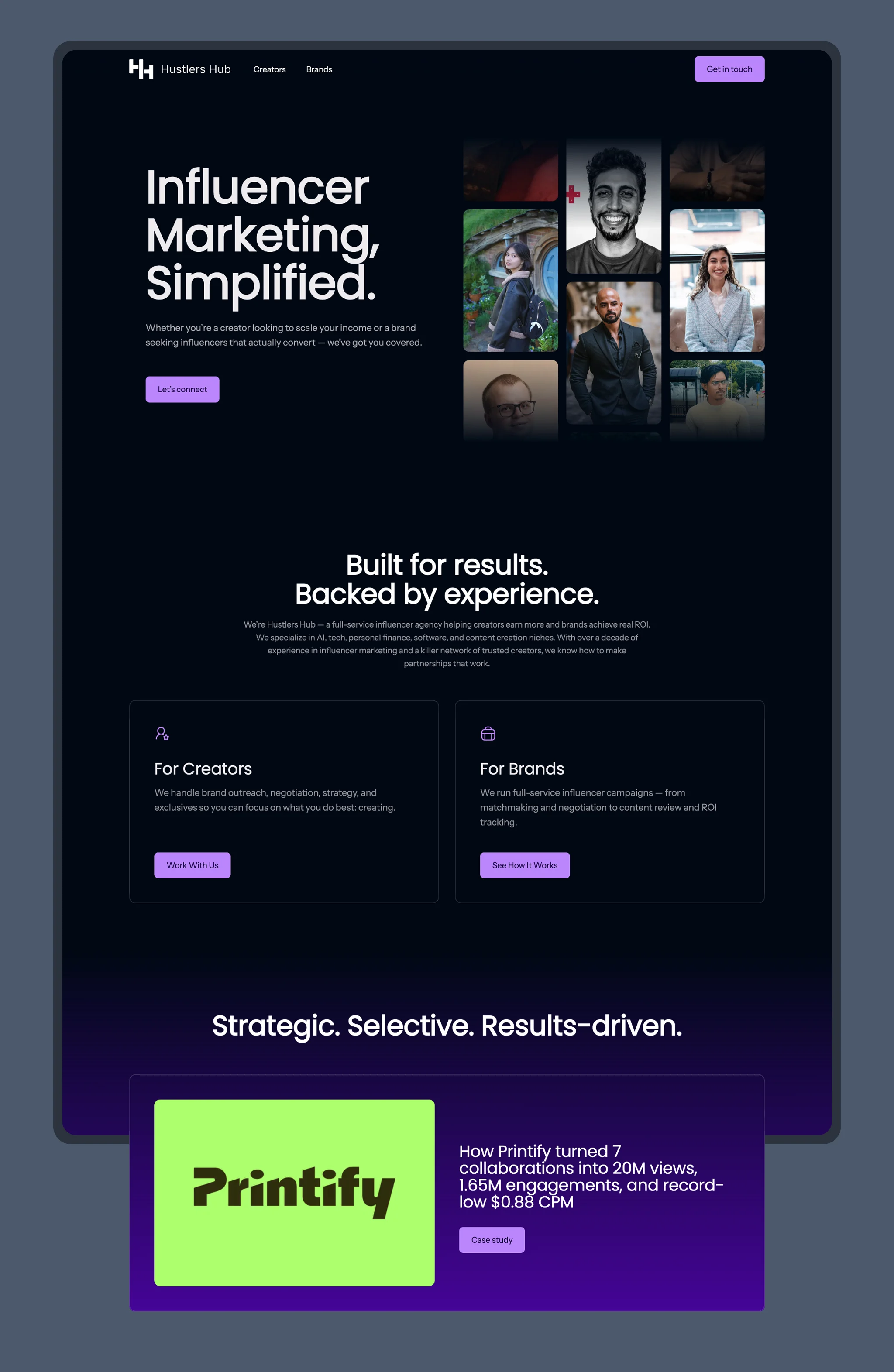 Hustlers Hub homepage — hero, audience paths for creators and brands, and featured case study