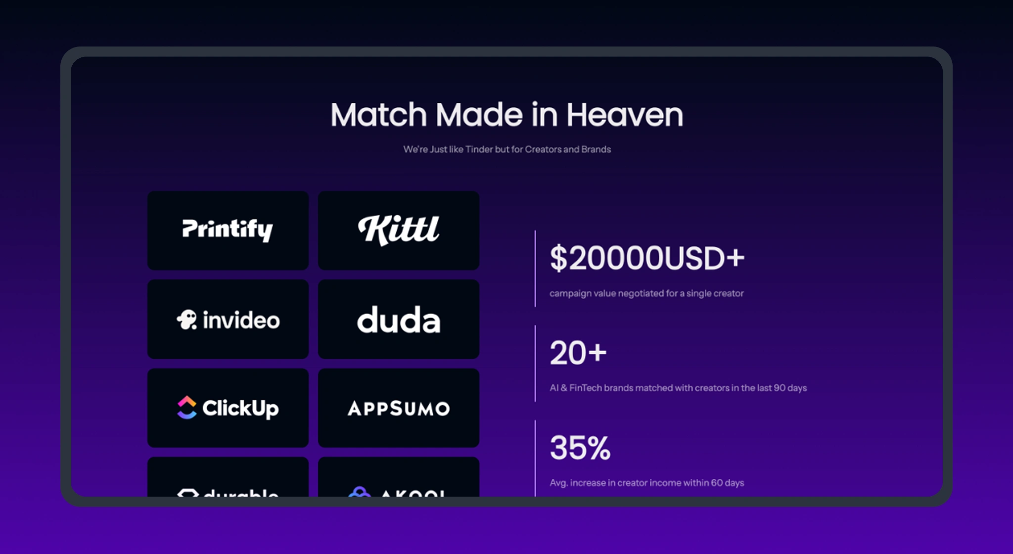 Match Made in Heaven section — partner logos and creator–brand match stats
