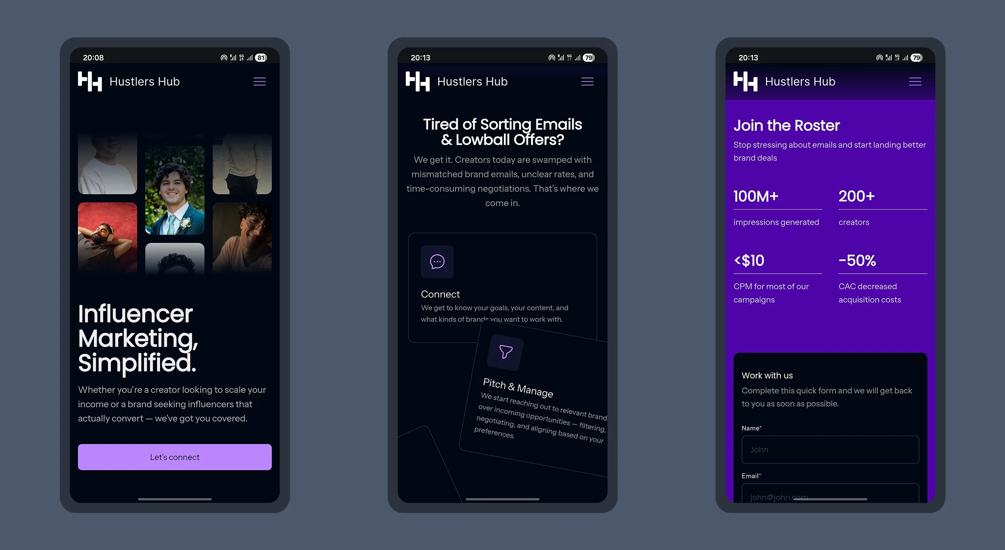 Hustlers Hub mobile experience — creator journey and contact flow