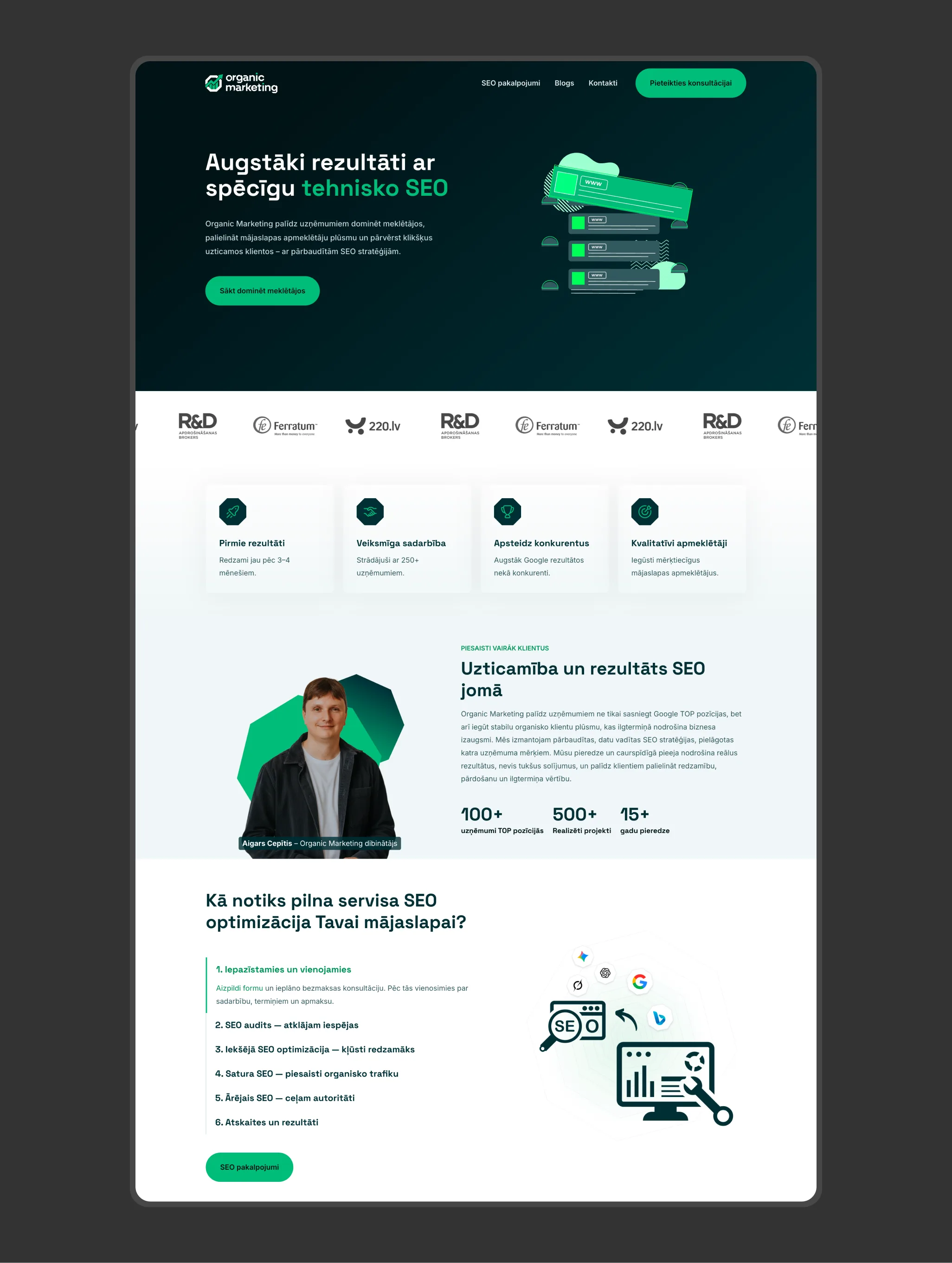 Organic Marketing homepage structure — hero, trust, services, founder, and SEO process
