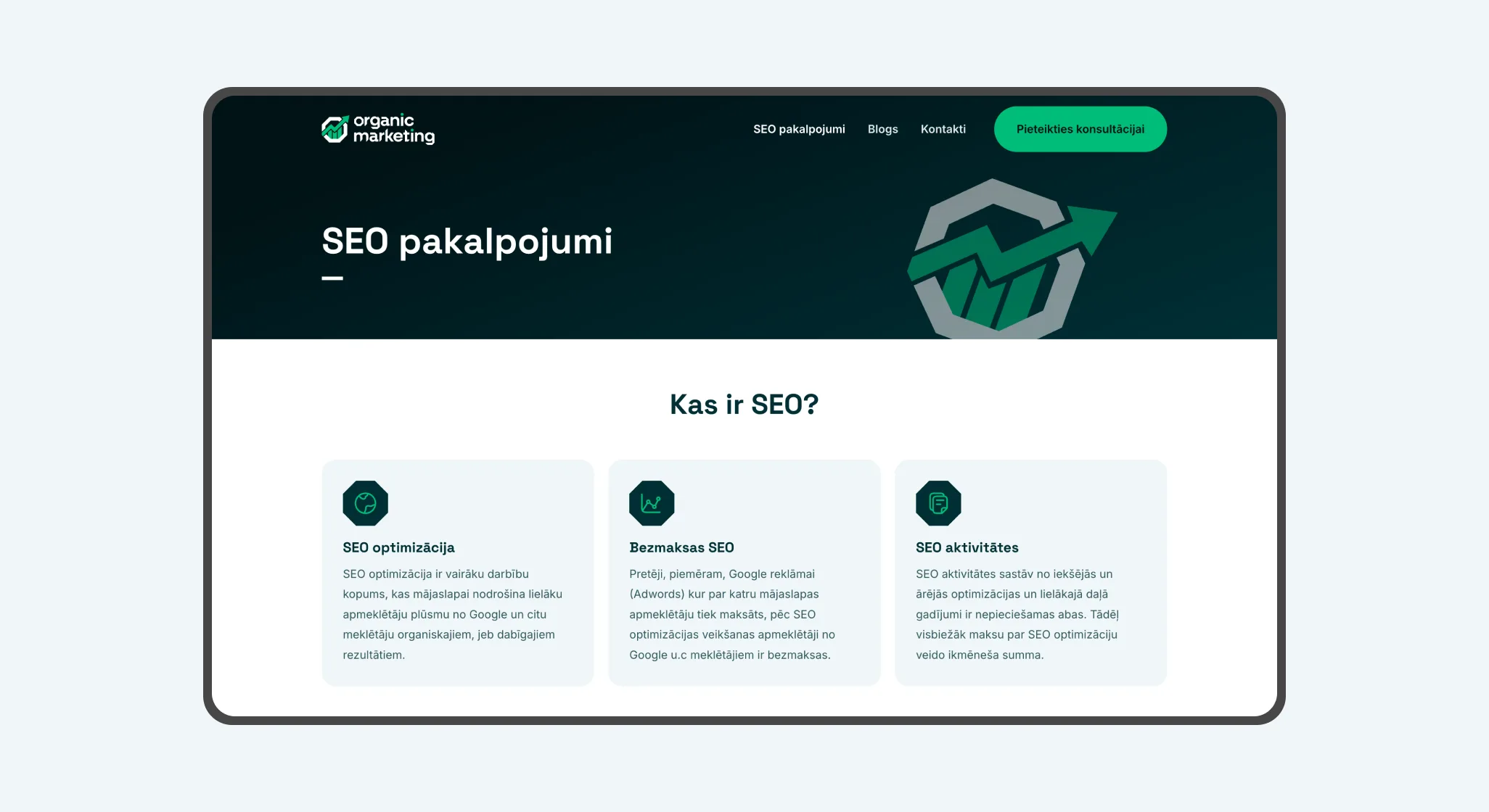 SEO services page — what SEO is, with modular service cards
