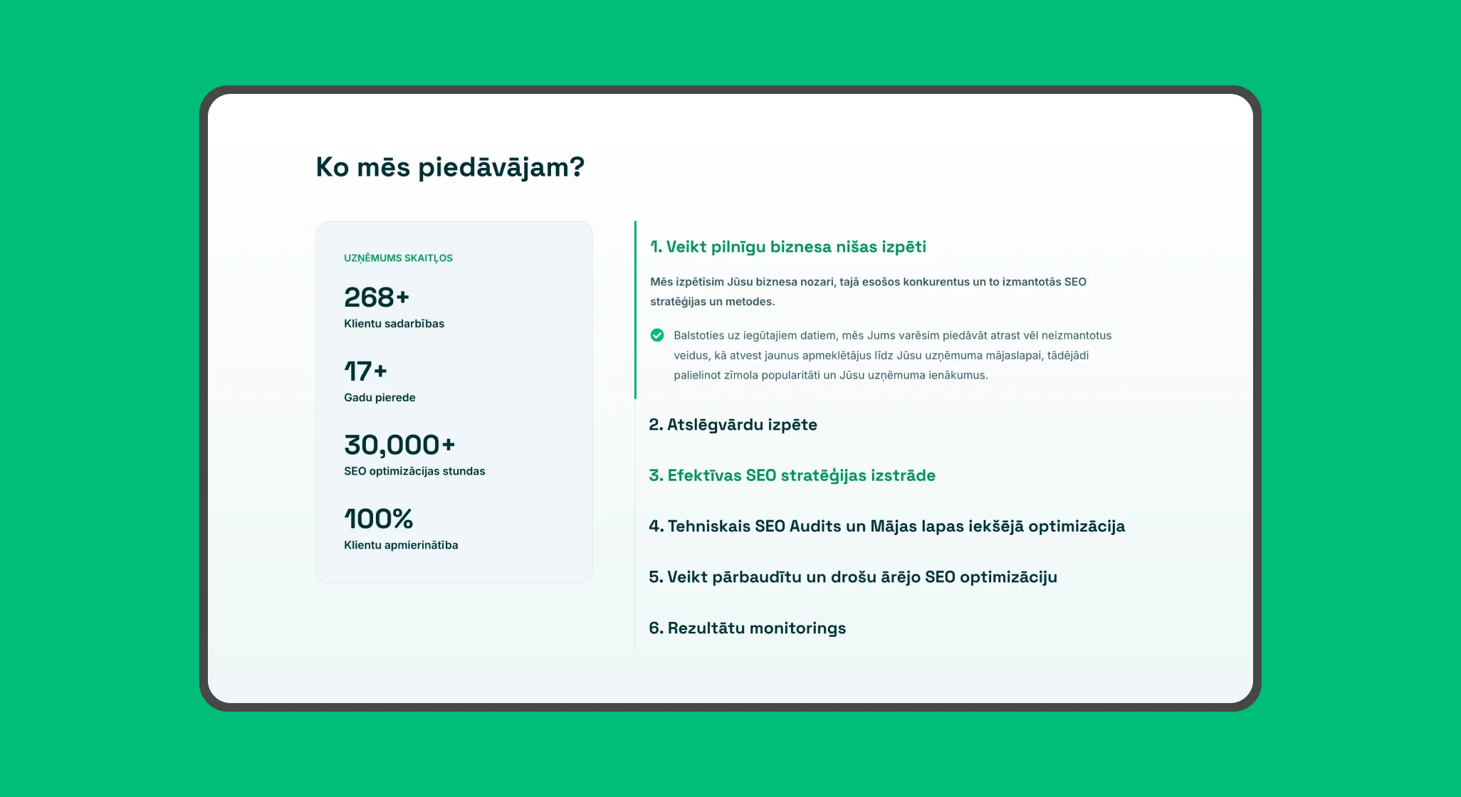 What we offer — company stats beside a numbered SEO service list