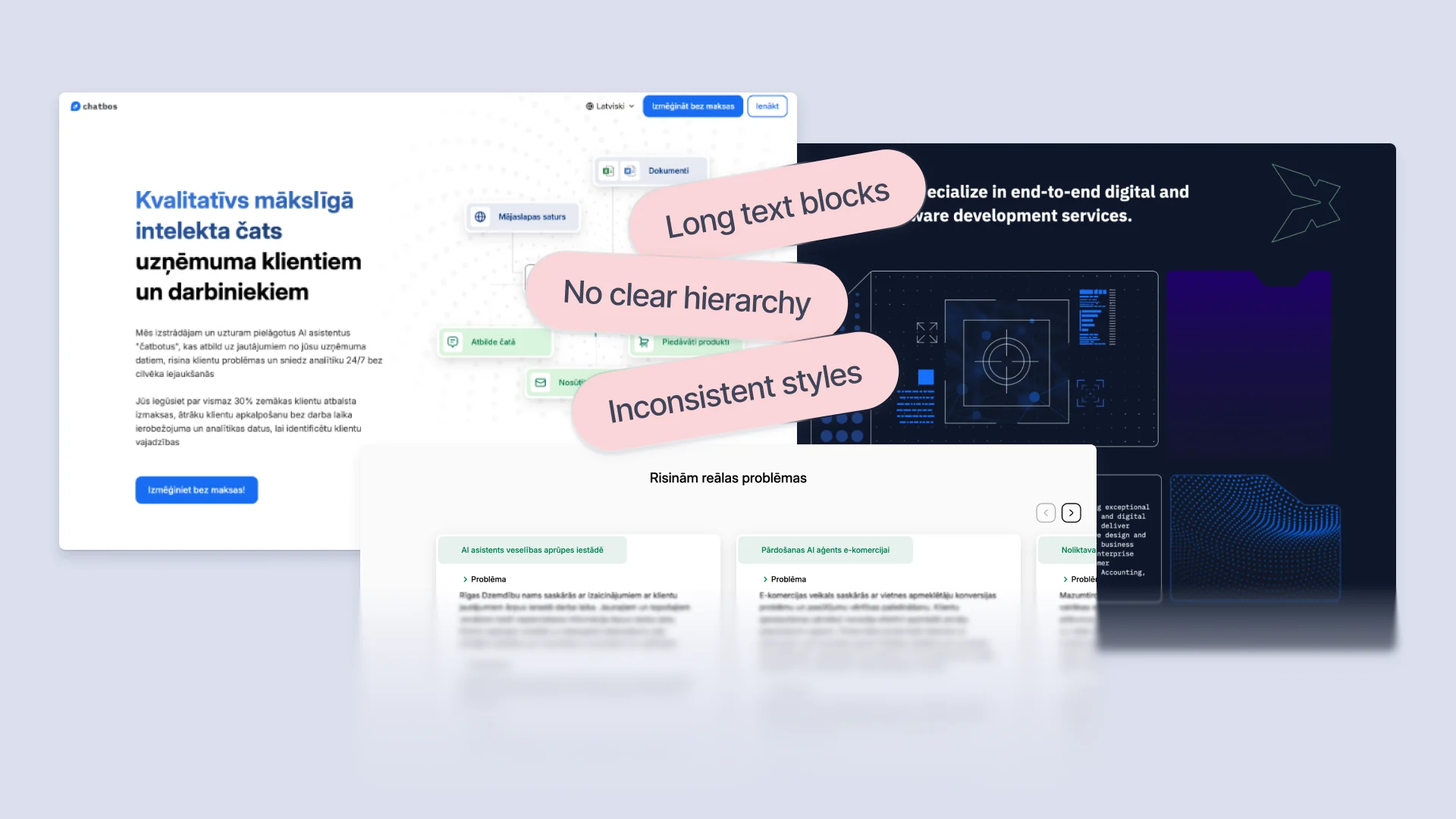 Old Xybos sites with callouts for dense text, weak hierarchy, and inconsistent patterns